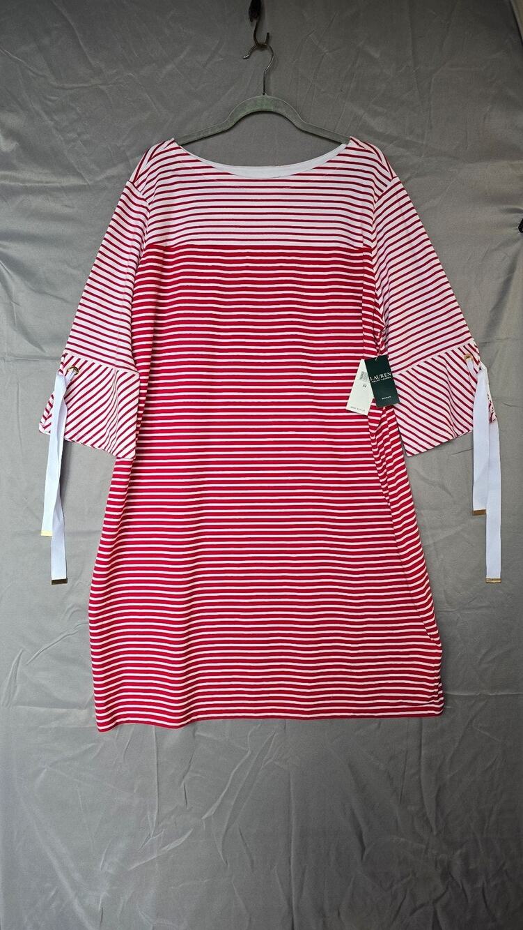 Lauren Ralph Lauren Dress Womens 3X Red Stripe T Shirt Bell Sleeve Bow Summer